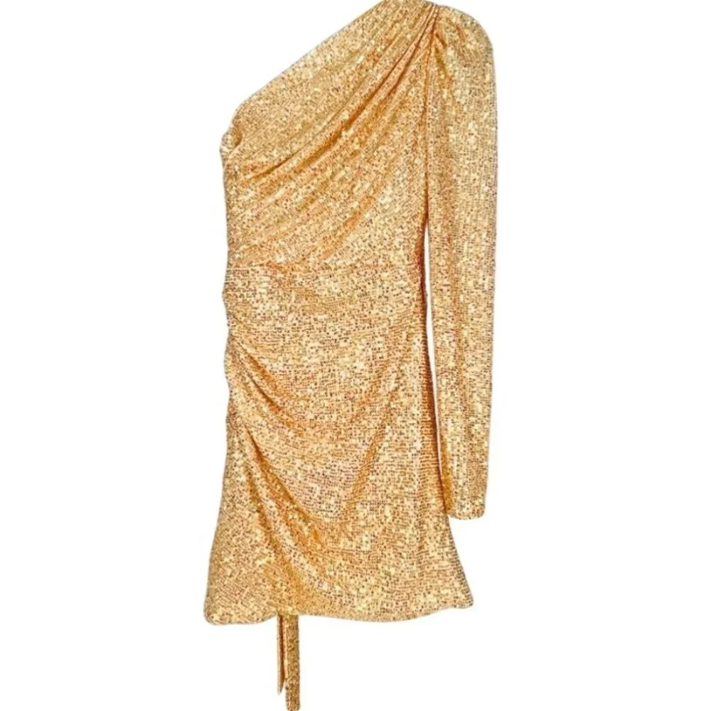 Mac Duggal Gold Sequined One Shoulder Draped Side Bow Mini Dress Size 2 - Picture 16 of 16
